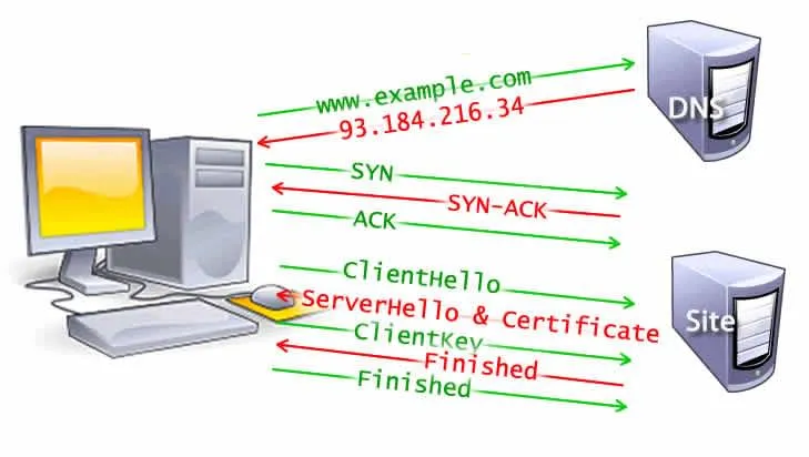 DNS 조회, TCP 핸드셰이크, TLS 핸드셰이크의 5단계(클라이언트 헬로, 서버 헬로 및 인증서, 클라이언트 키 포함) 및 서버와 클라이언트 모두에 대한 완료
